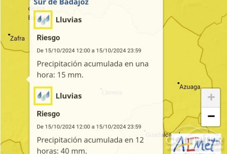 La AEMET activa aviso amarillo por lluvias intensas en el sur de Badajoz