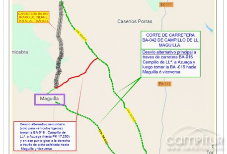 Corte temporal de la carretera BA-042 entre Campillo de Llerena y Maguilla